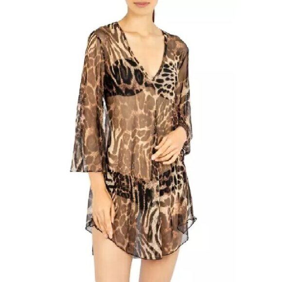 Jordan Taylor Super Soft Mesh Leopard Print V-Neck Tunic Or Swim Cover-Up Size M - Picture 1 of 5